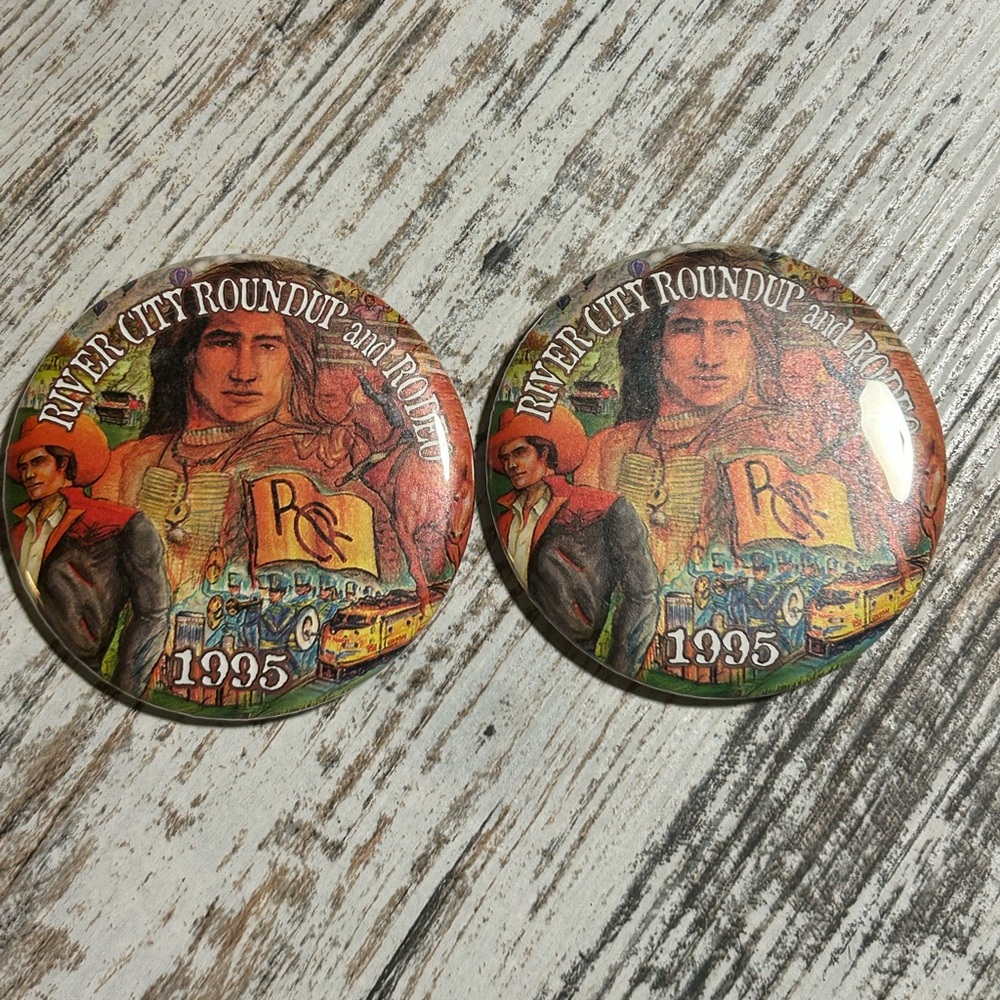 River City Roundup 1995 Collectible Pinback Buttons - Red/Orange/Green